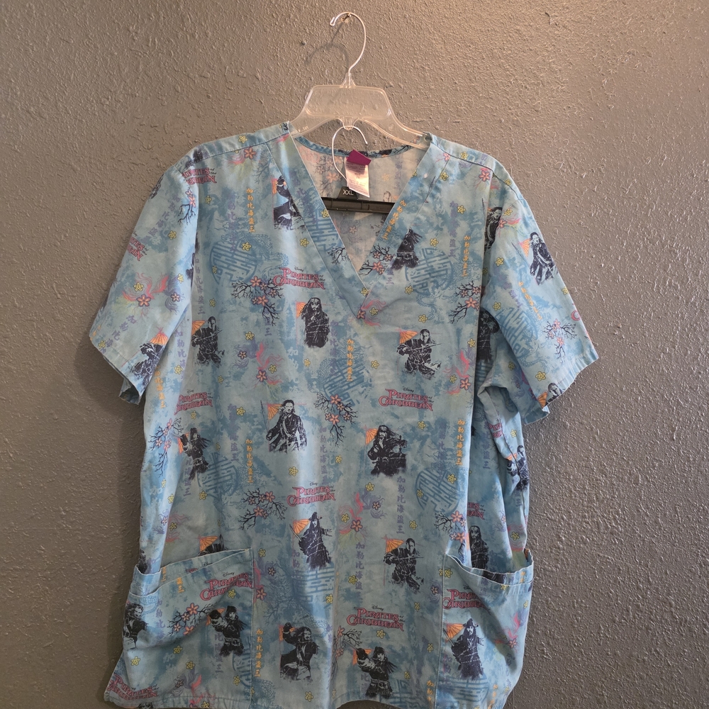 Blue Disney Scrub Top with Character Print